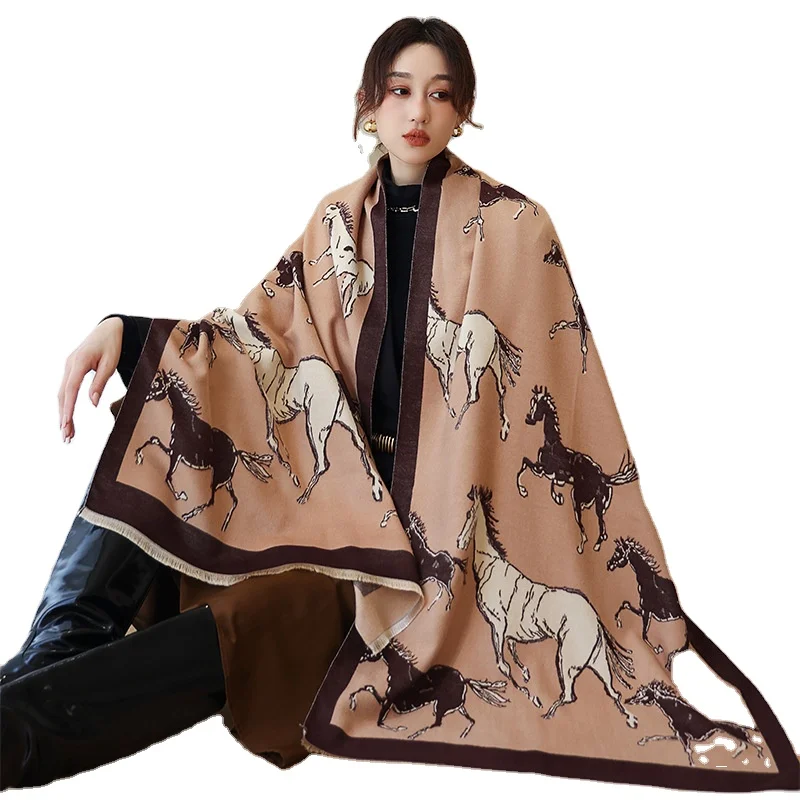 2023 ladies luxury animal horse pattern winter cashmere scarves women solid color plain double sided pashmina shawls