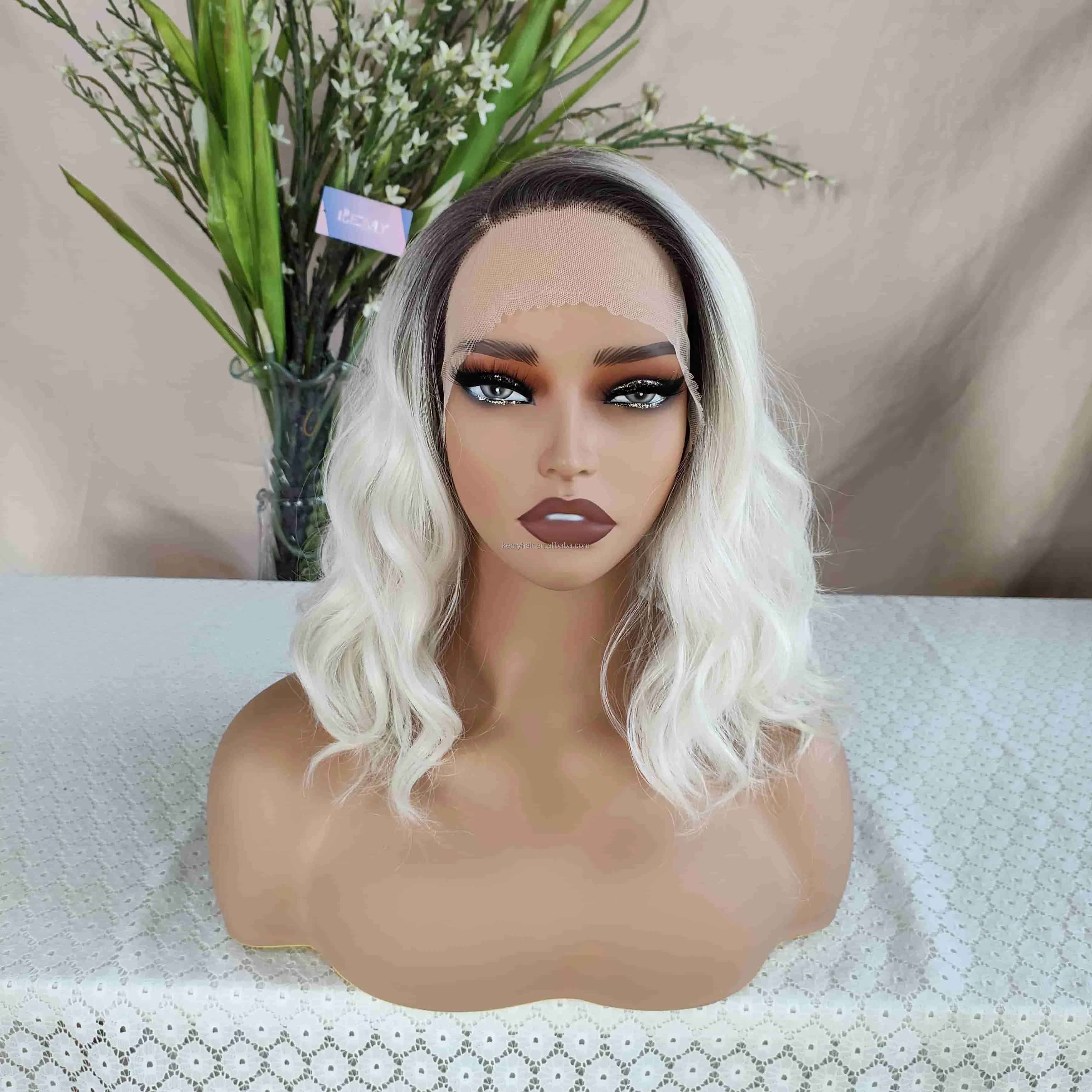 KEMY HAIR  Luxury Balayage Color Synthetic Lace Front Wig Water Wavy L Part Lacet Wig Synthetic Customized Wigs for White Women