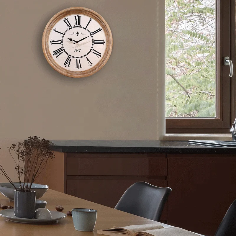 Hot Sale 23.5inch Roman Numerals Wall Clock Custom Logo Large Home Decorative Natural Wooden Wall Clock