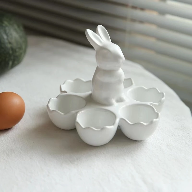 Custom logo wholesale good quality  kitchenware tools Easter 3D rabbit design ceramic egg serving stand holder