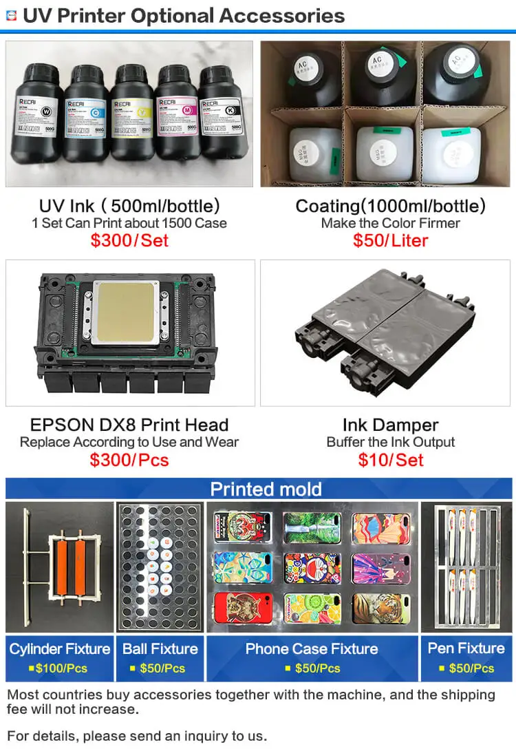 UV Printer Available In All Sizes RECAI A3/A4 1440DPI LED UV Flatbed Printer Wood Bottle PVC Canvas Ball Phone Case UV Printer