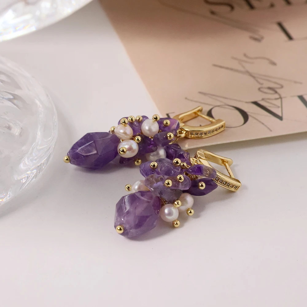 Natural Freshwater Pearl Amethyst Purple Earrings Earring for Woman Korean Fashion Style Vintage Personality Lady Jewelry