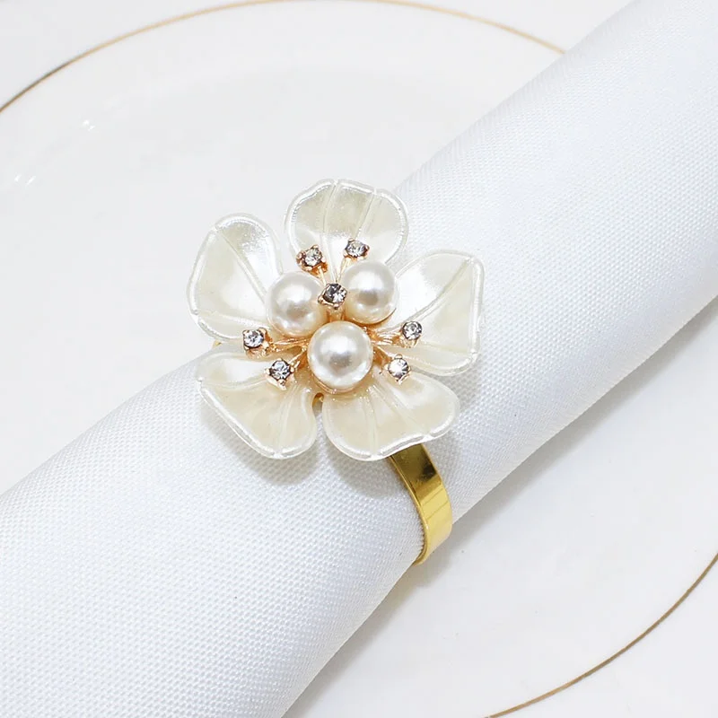 White Pearl Flower Napkin Rings Christmas Napkin Rings for Wedding Birthday Party Holder Dining Kitchen Decor  HWF61