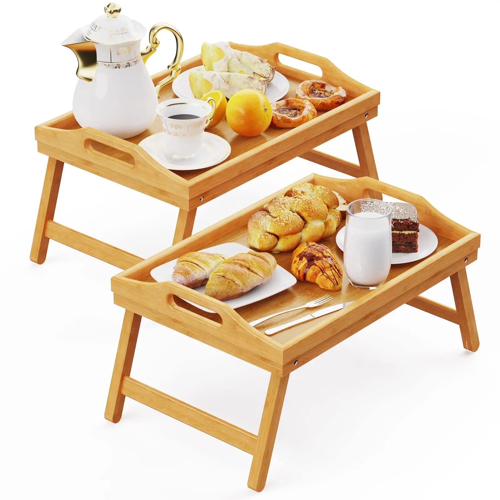 Bamboo Bed Table with Folding Legs & Handles Food Lap Wooden Trays Large Breakfast Bed Tray Height Adjustable Raised Food Table