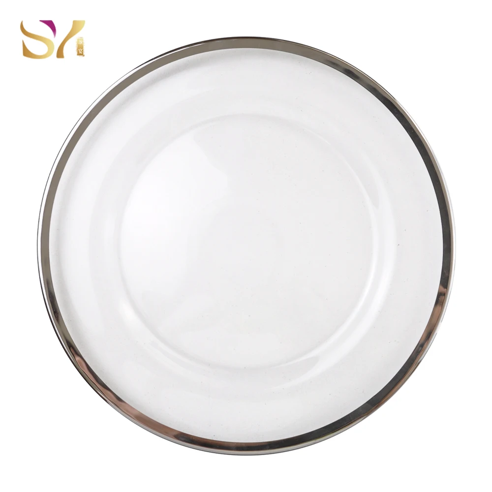 Luxury Royal Hotel Dining Glass Tableware Width Gold Rim Charger Glass Plate For Wedding rent