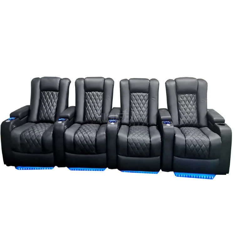 Adjustable electric headrests recliner chair power supply  luxury leather home recliners cinema sofa with led light and tray
