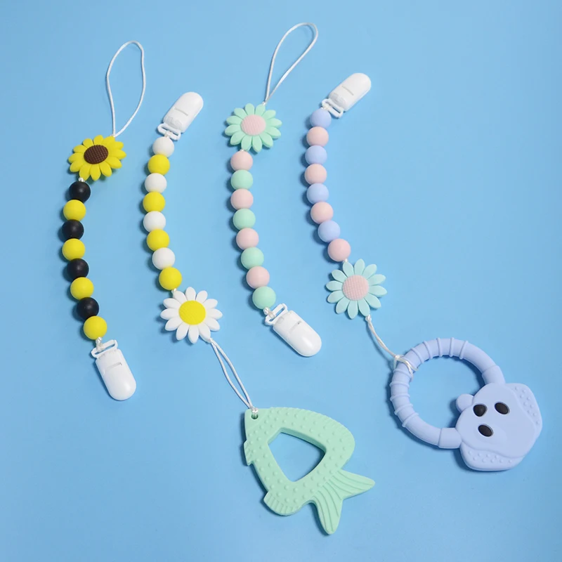 2022 high quality custom flowers teething packaging personalised clip chain beads dummy bulk silicone baby pacifier clip
