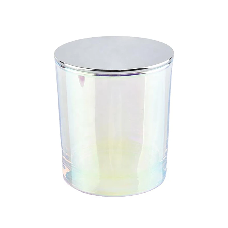2022 OEM ODM Kerzenglas 12 oz White Gold Embossed Iridescent Crystal Wooden Candle Vessel With Lid