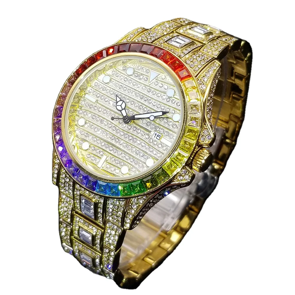 Luxury Millionaire Hip-hop Rapper Rainbow Bezel Gold Sparkling Artificial Gemstone Watch Movie Props Quartz Watch