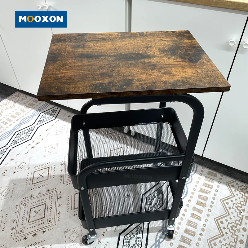 3 Layer Multifunction Steel Mesh Wire Basket Shelving Wood Board Utility Carts Organizer Storage Trolley Kitchen Rolling Cart