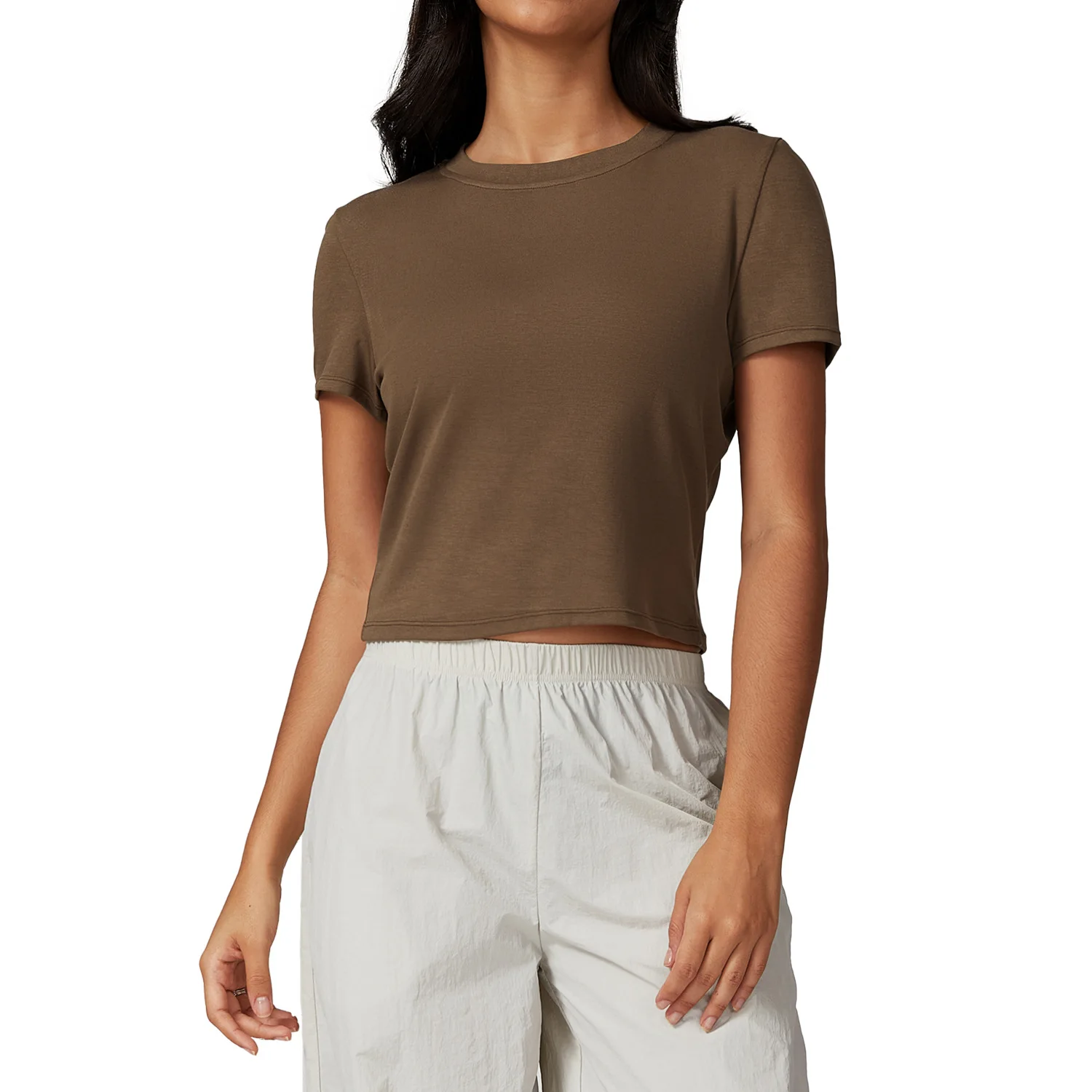 Summer Recycle Fabric T-Shirt  Fitness Slim Yoga T-Shirts Breathable Small Ribbed Built In Bra Yoga Shirts Curved Hem T Shirt