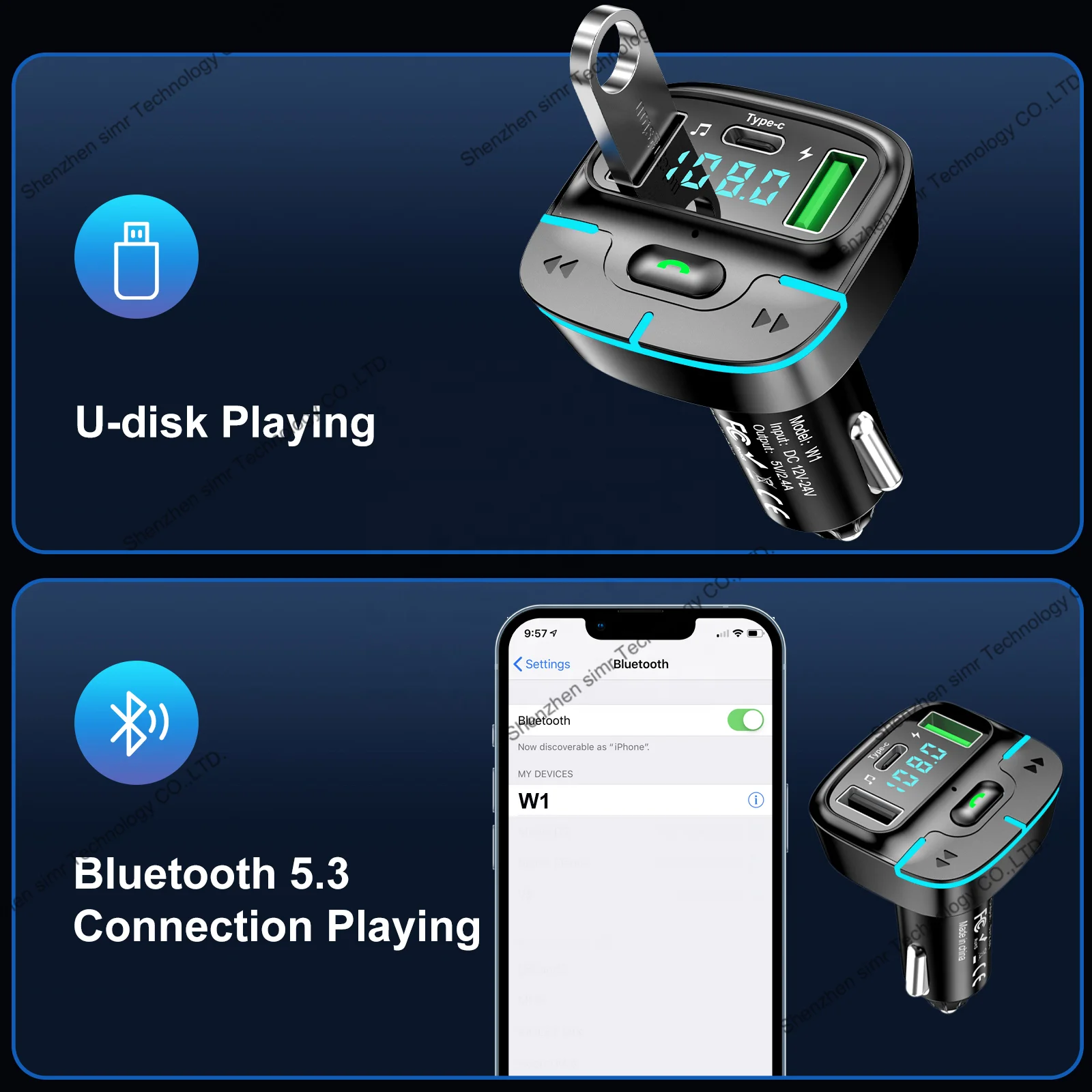 simr 20W Handsfree Bluetooth 5.3 Modulator Car Charger 2.4A Dual USB type C Adapter Car MP3 Player Wireless radio fm transmitter