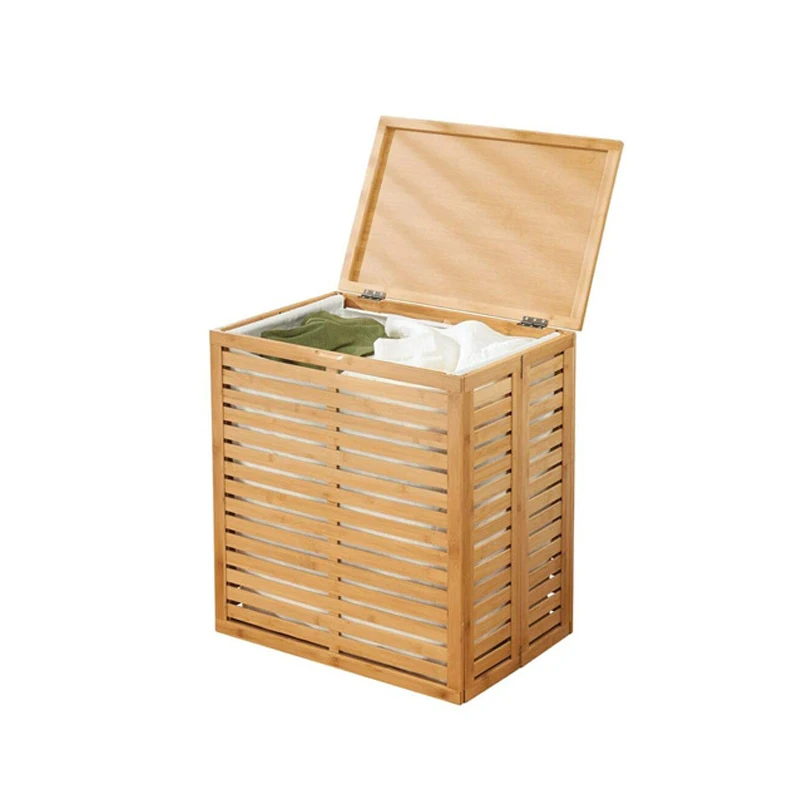 Bamboo Laundry Hamper Basket with Removable Fabric Liner and Decorative Wood Slats