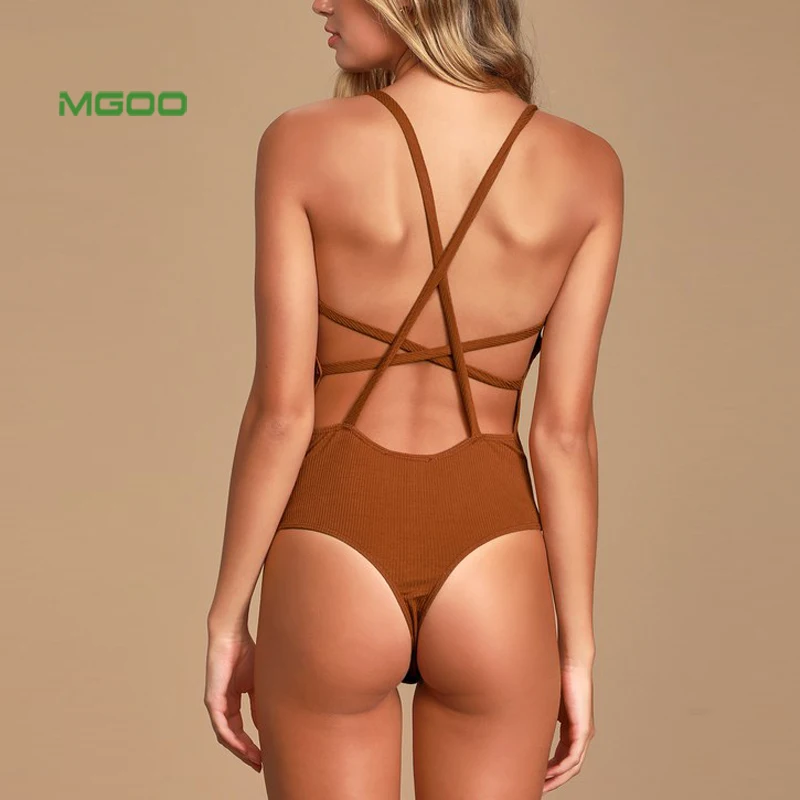 MGOO Fitness Orange Ribbed Strappy Backless Workout Bodysuit