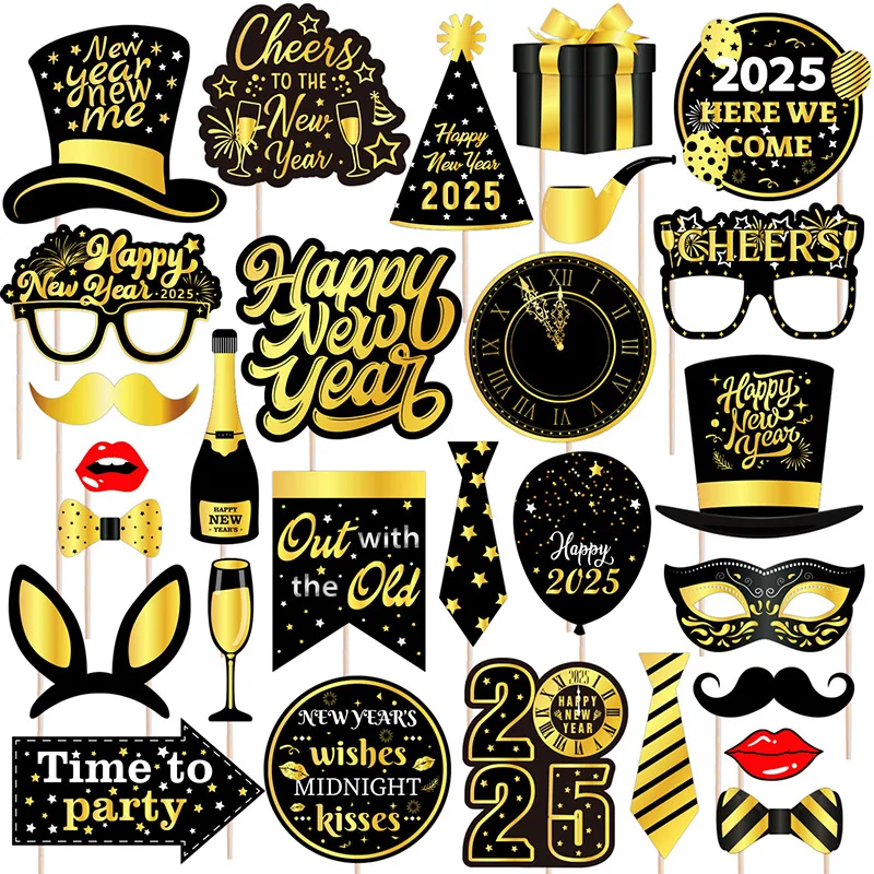 Happy New Year 2025 Photo Booth Frame Props Hat Mustache Lip Glasses Props New Year Eve Party Photo Props Set