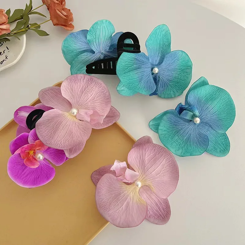 Female Super Fairy Floral Pearl Hair Claws Moth Orchid Flower Side Bangs Clip