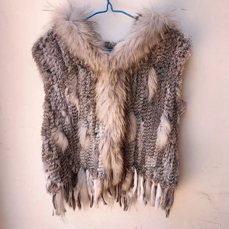Women Spring Hooded Knitted Real Fur Vest Hot-sale Knitted short rabbit fur gilet with hood with raccoon fur trim for women