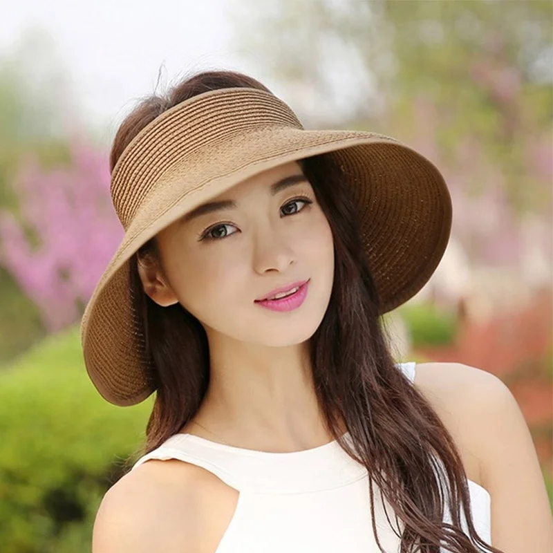 Promotional Fashionable Ladies Chapeau Femme Summer Brown Natural Straw Sun Visor Hat