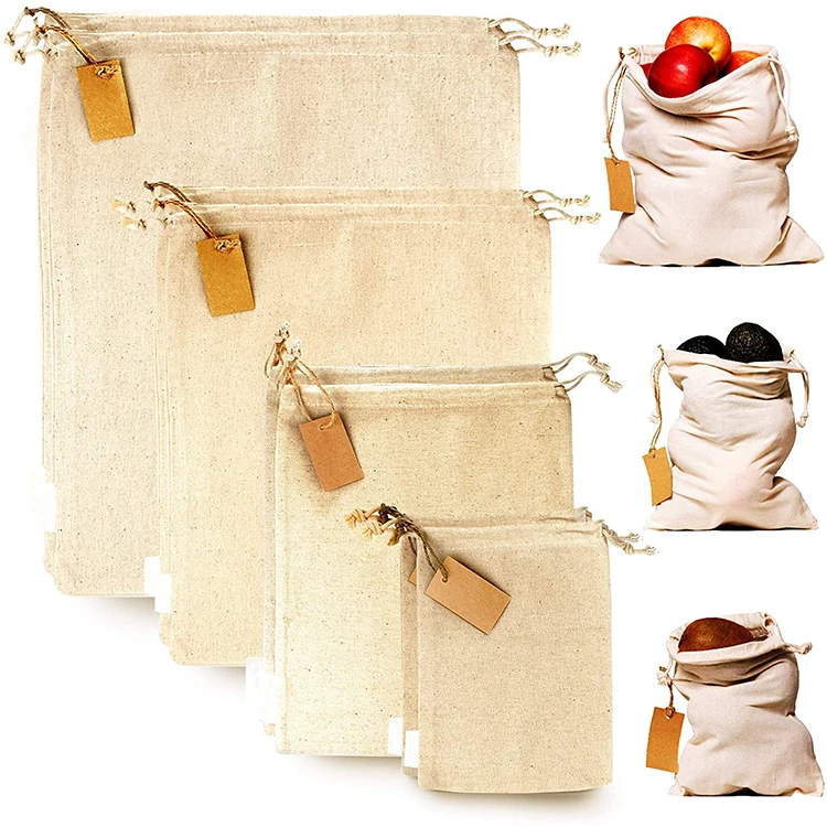 12 Pcs Reusable Muslin Storage Canvas Organic Cotton Bags with Drawstrings Biodegradable Fabric Bags - Snack Bags