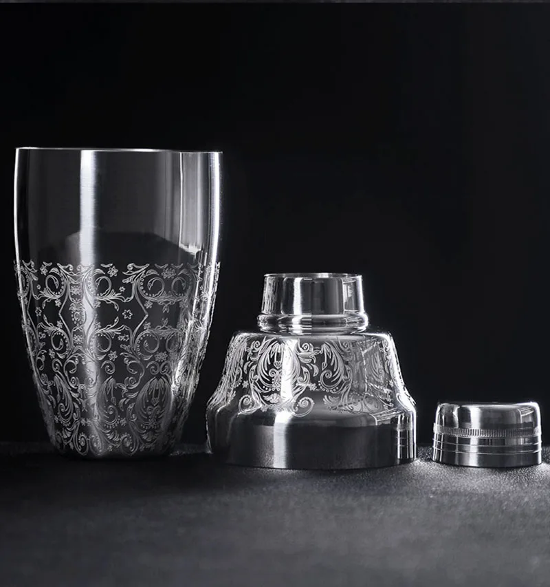 Japanese Style 500ml Stainless Steel 3-Piece Etching Cocktail Shaker Bar Shaker Cobbler Shaker Bar Tools