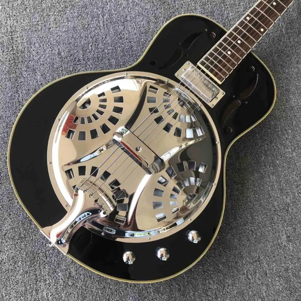 Grand Black Maple Hollow body Electric Guitar Metal top Mini Humbucker Resonator Steel guitar Free shipping
