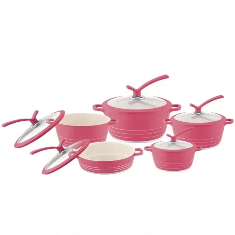 Новая модель комплектов посуды из литого под давлением алюминия с бежевым антипригарным мраморным