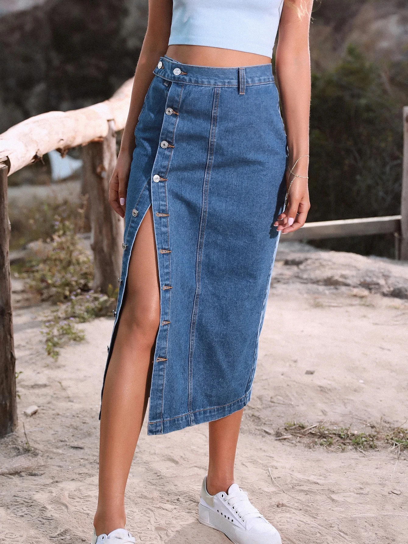Hot Sales Button Bag Hip Women Denim Pencil Skirt Side Slit Blue Jean Skirt