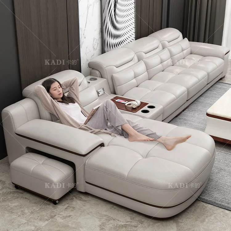 Modern Luxury Living Room Multi-functional Leather Modular Sectional L Shaped Sofas with Round Rcliner USB Bluetooth Speakers