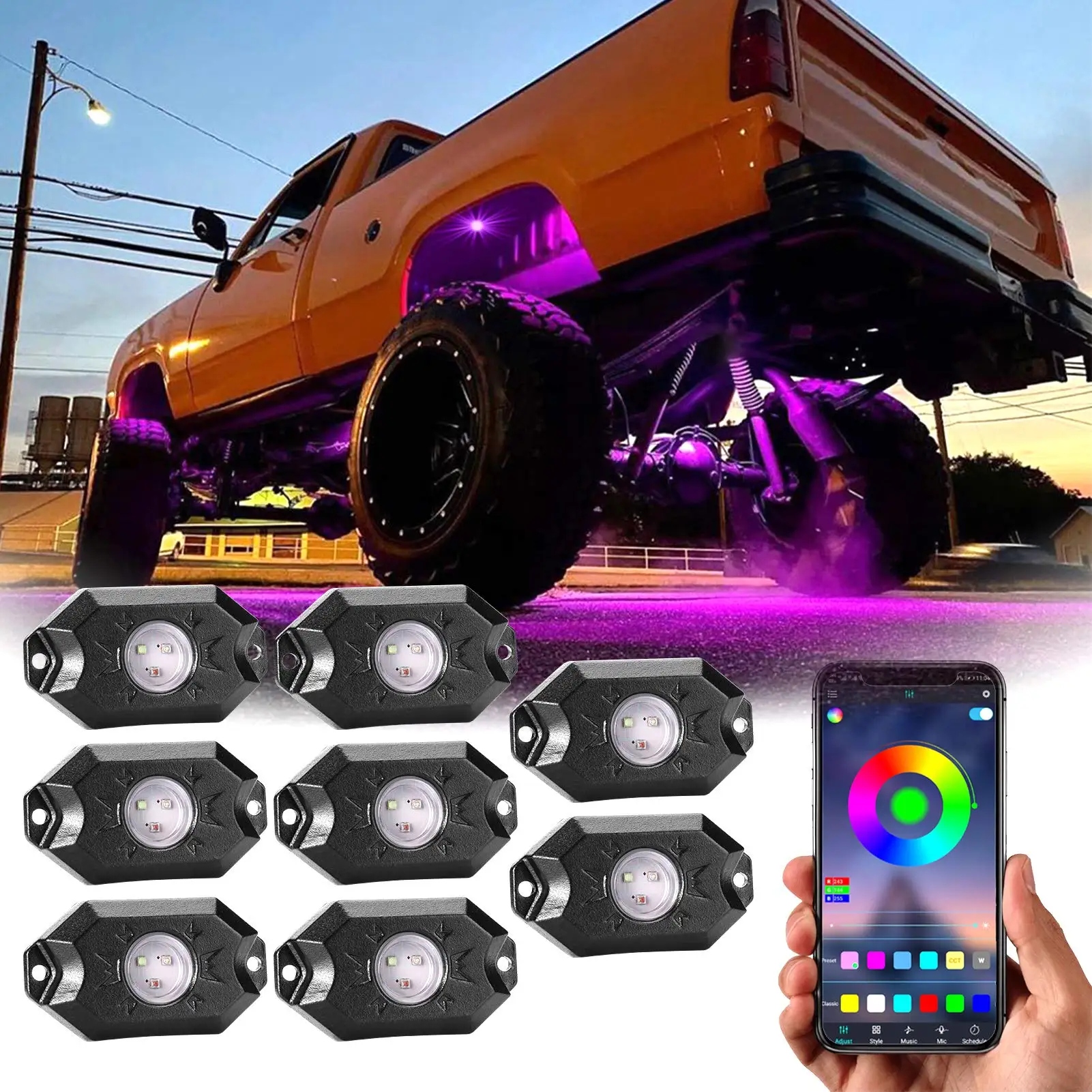 Car Truck 8 Pieces Rock Lights RGBW APP Controller Led RGB Rock Light for Jeep JK RGB Rock Lights