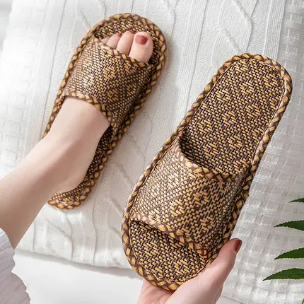 Household sandals summer straw bamboo rattan men and women indoor home linen antiskid summer floor soft bottom