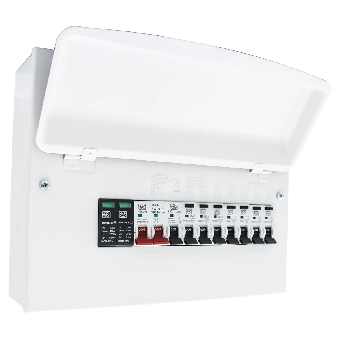 MK SENTRY Hot sale 12 WAY MCU WITH 100A SWITCH & SURGE / MCB / 7 X RCBO TYPE A metal Consumer Unit