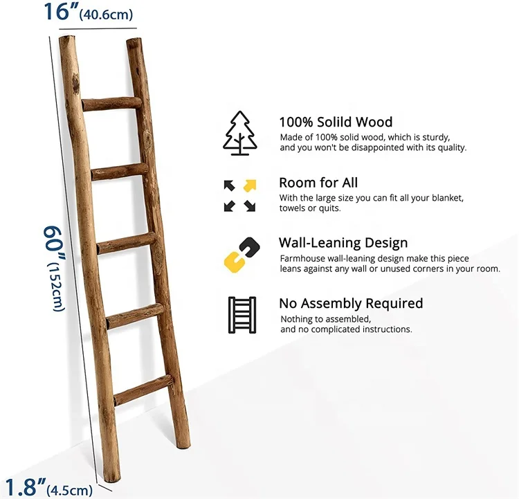 ARTMADE Farmhouse Decor Handcrafted Rustic Wooden Decora Blanket Ladder,New Design Wall-Leaning Rustic Wood Blanket Ladder