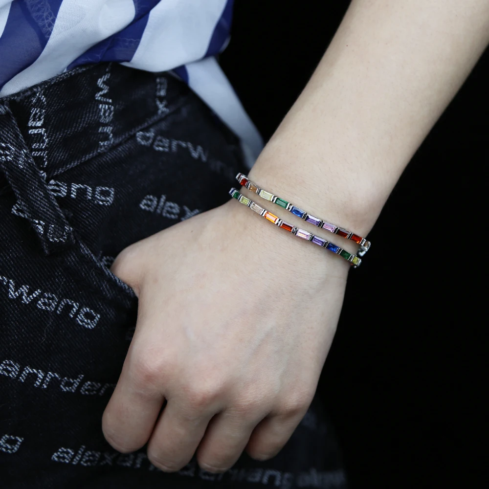 fashion women jewelry small rectangle cz colorful rainbow tennis bracelet gold silver 2 colors