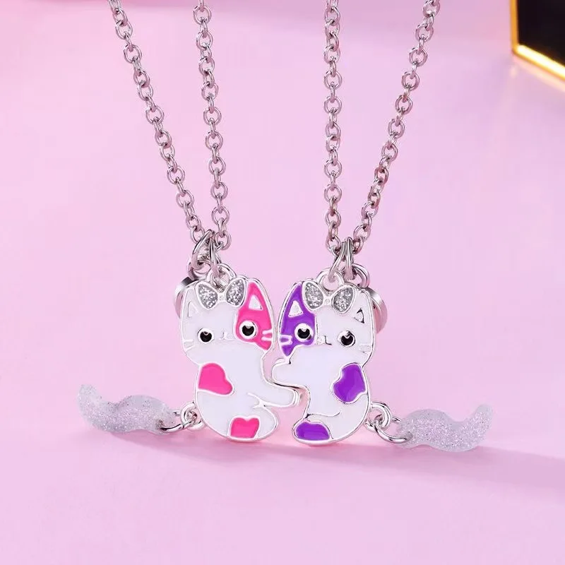 2pcs Friendship Sequin Magnets Attract Necklaces Party Holiday Gift Cute Cartoon BFF Rhinestone Cat Pendant Necklace For Girls