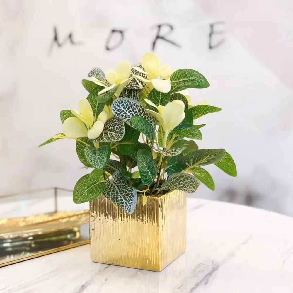 
Popular Europe Simple Style Faux Mini Gold Electraplated Potted Plants Artificial Cactus And Succulent In Ceramic Pot 