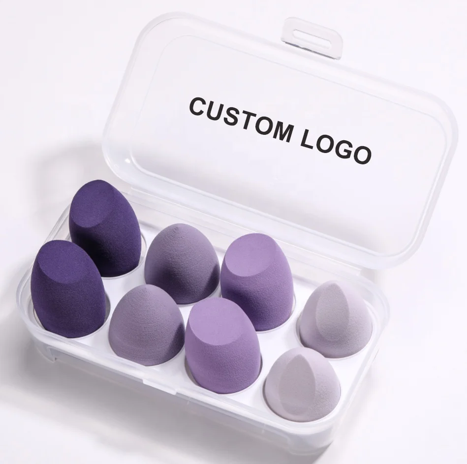 LOW MOQ Makeup Sponge Set 8PCS Non Latex Super Soft Makeup Sponge Blender Custom Logo Purple Makeup Sponge With Case