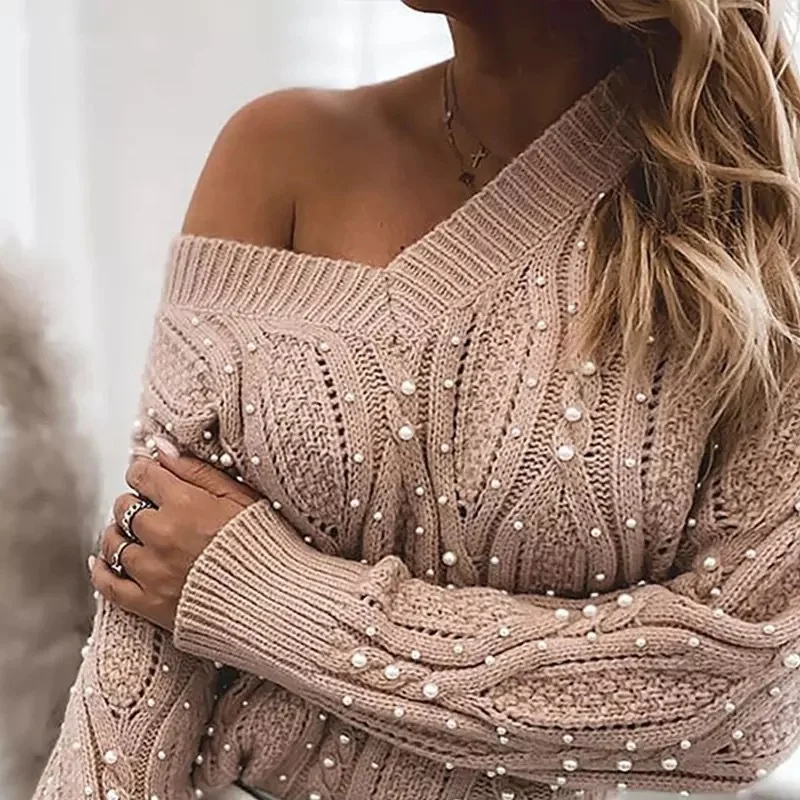 2022 women sexy sweater off shoulder pearl rhinestone sweaters
