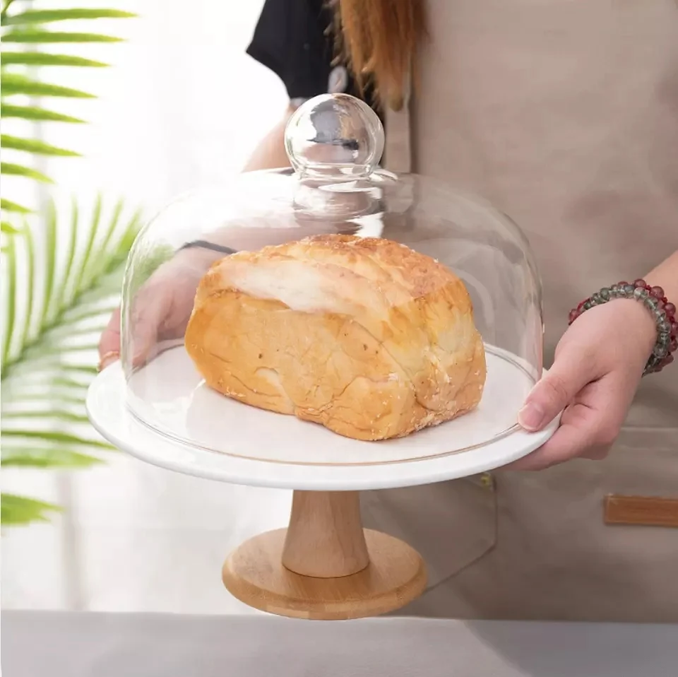 Home Hotel Store European Dustproof Display Glass Cover Cake Decorations ceramic Cake Stand With Glass Cover