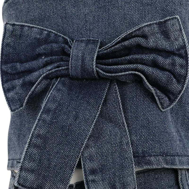 Wholesale High Quality luxury denim 2pc bow tank top and skirt girls clothing sets for 11 years old