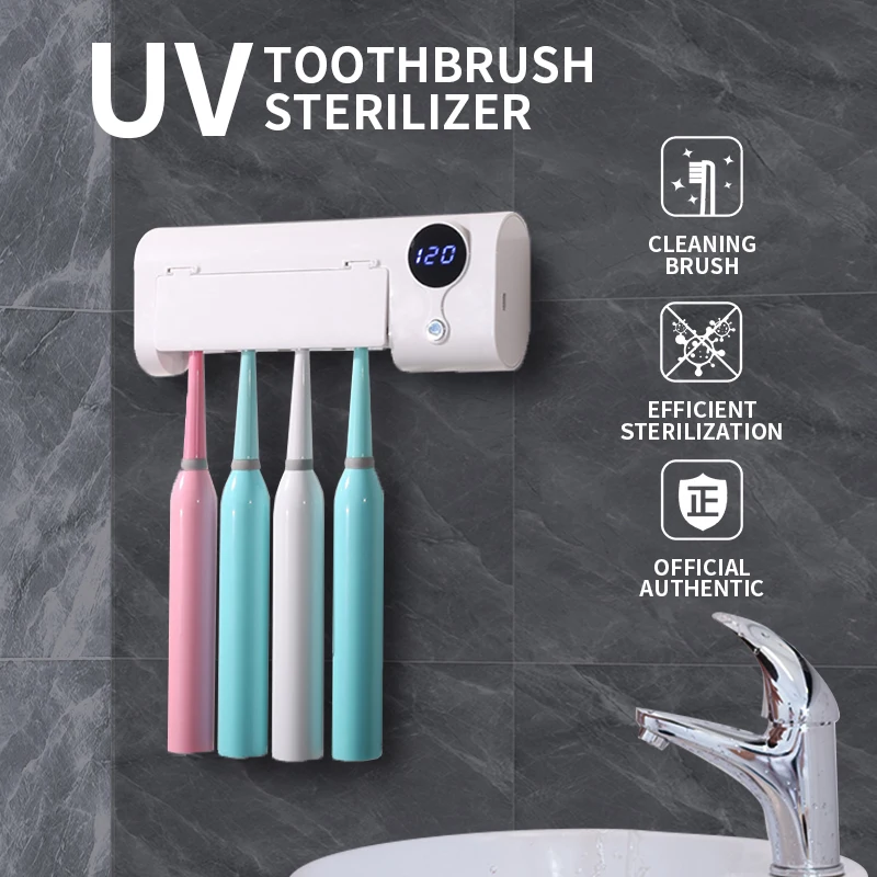 UV Sterilized Toothbrush Disinfectant Non perforated Wall Mounted Household Ultraviolet Sterilizers 4 Tooth brush holder