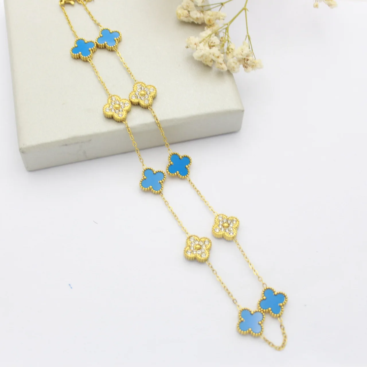 WY Popular 10 Flower Full Diamond Double-sided Four-leaf Clover Necklace Luxury Fashion Jewelry Pendant Stainless Steel Necklace