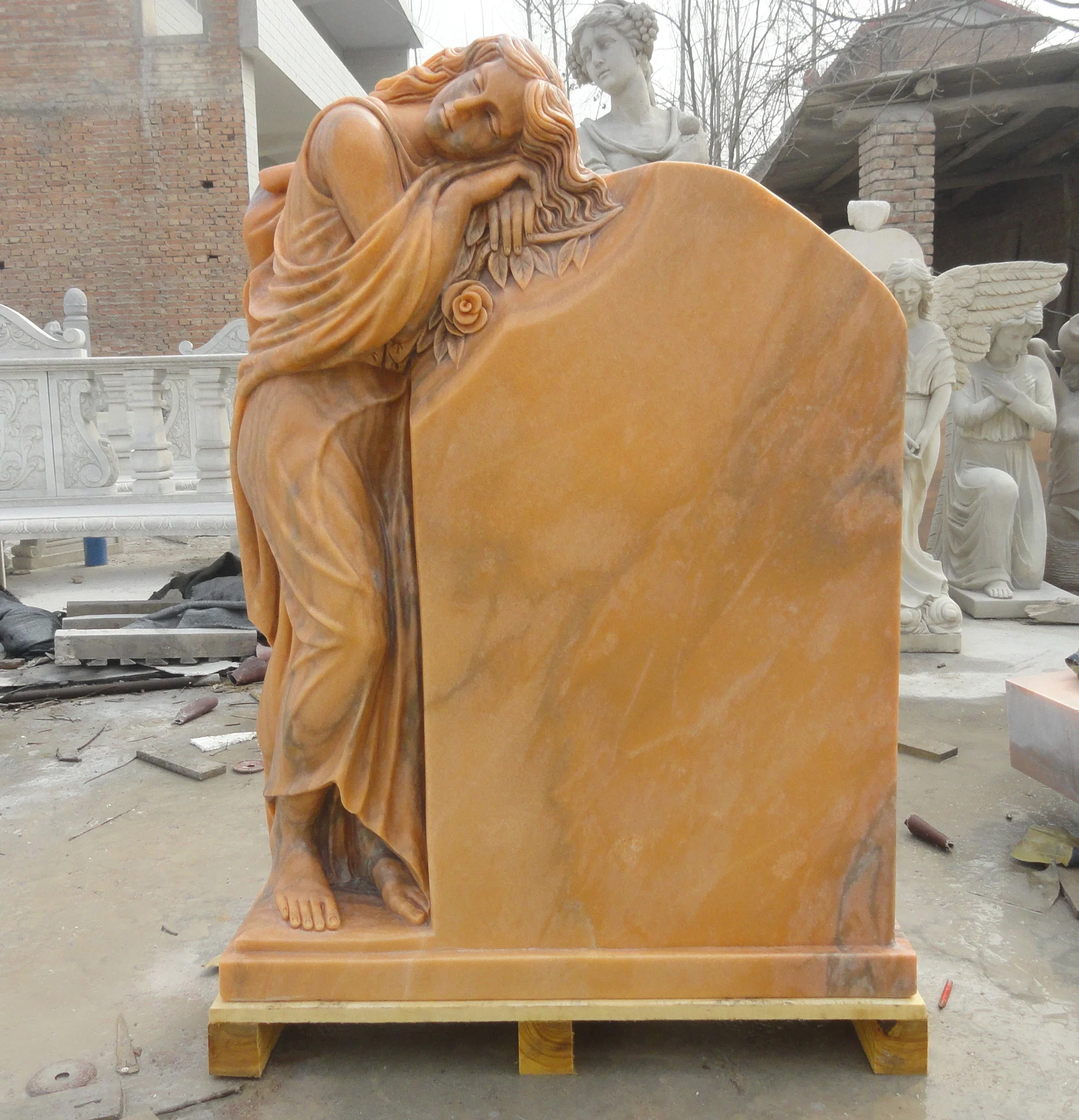 Customized Hand Carved Stone Carving Sunset Red Marble Angle Memorial Tombstone