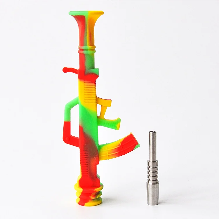 Gun shape AK47 smoking pipe Wax oil Silicone Nectar Collector with14mm Stainless Steel