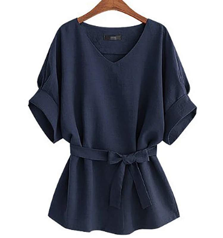 Summer Women Blouses Linen Tunic Shirt V Neck Big Bow Batwing Tie Loose Ladies Blouse Female Tops
