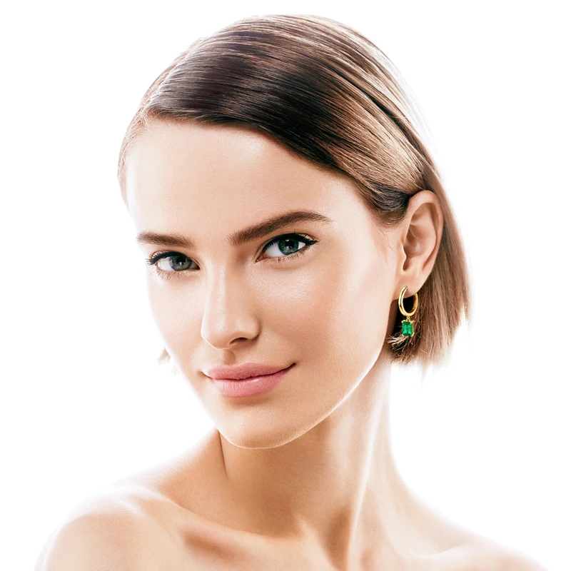 14K gold plated 925 Sterling Silver Radiant Cut Emerald Gemstone Drop Hoop Earrings For Women