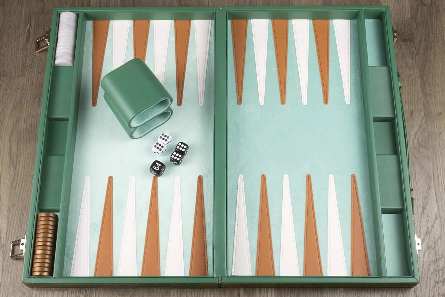 Modern Green 15 Inch Silver Classic Vegan Leather Silver Portable Metallic Travel Strategy Backgammon Set for Adults and Kids