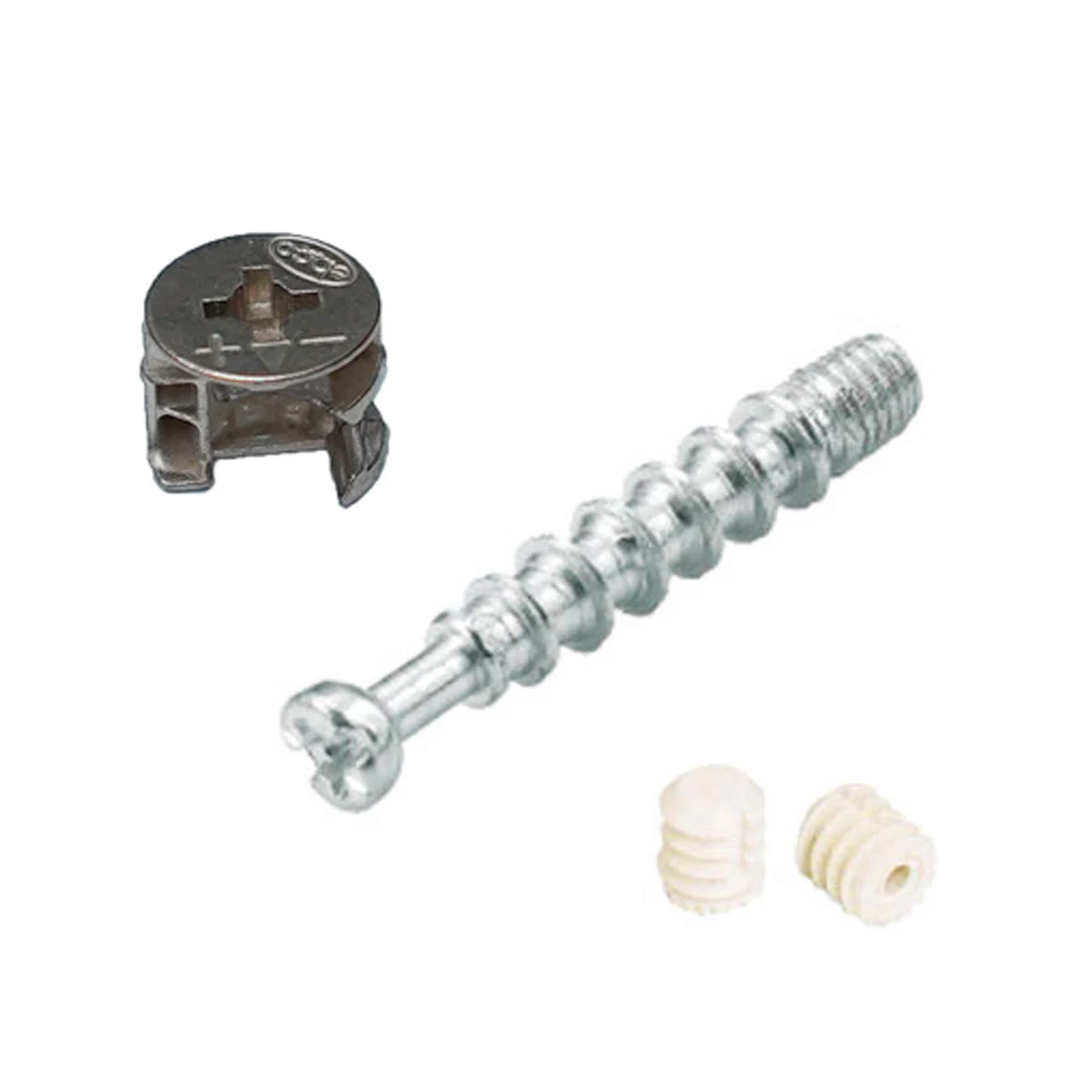 Quick Install 3 in 1 PVC white nylon insert and nickeld plated Zinc alloy/ Stainless Steel wheel minifix screw