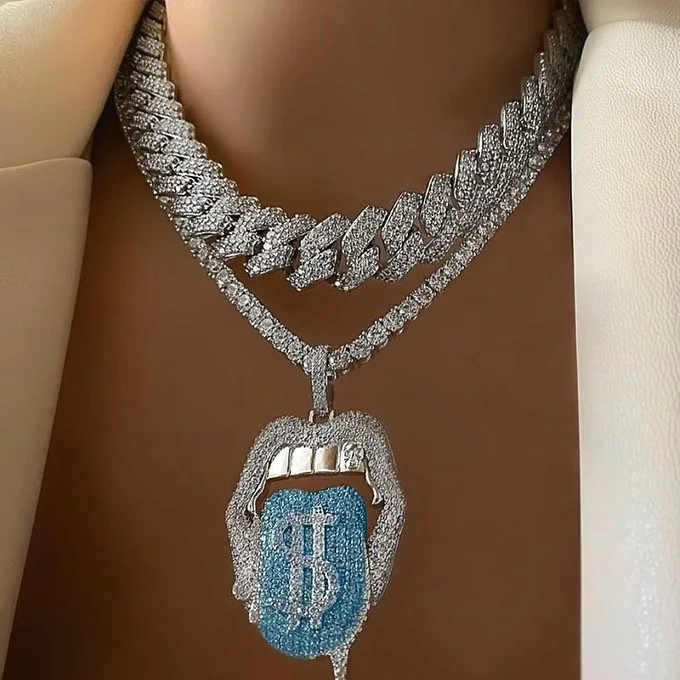 2021 new Hip hop Micro Pave 5a Cubic Zirconia Cz Iced Out Bling Women Girl Jewelry Tennis Chain Dollar Lip Pendant Necklace