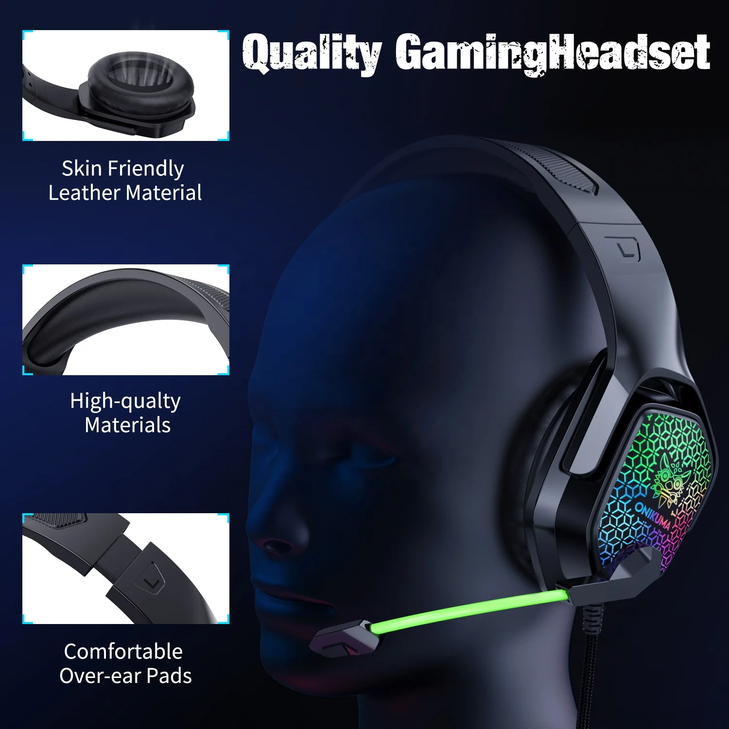 Gaming Headset with Stereo Surround Sound Mic RGB LED Light Noise Cancelling Over Ear Headphones 3.5mm Audio Jack for music Chat