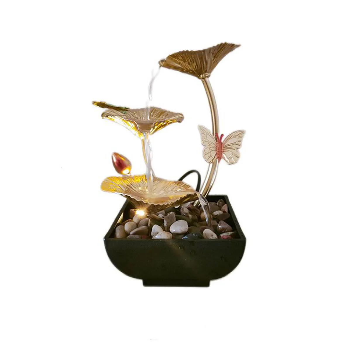 3-Tier Mini Feng Shui Indoor Tabletop Water Fountain Home Decor Office Waterfall Decoration Butterfly Iron Small Music Gift